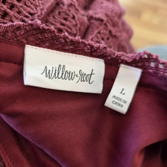 Willow & Root Earth Red Crochet V Neck Adjustible Strap Tiered Maxi Dress Length - Picture 14 of 15